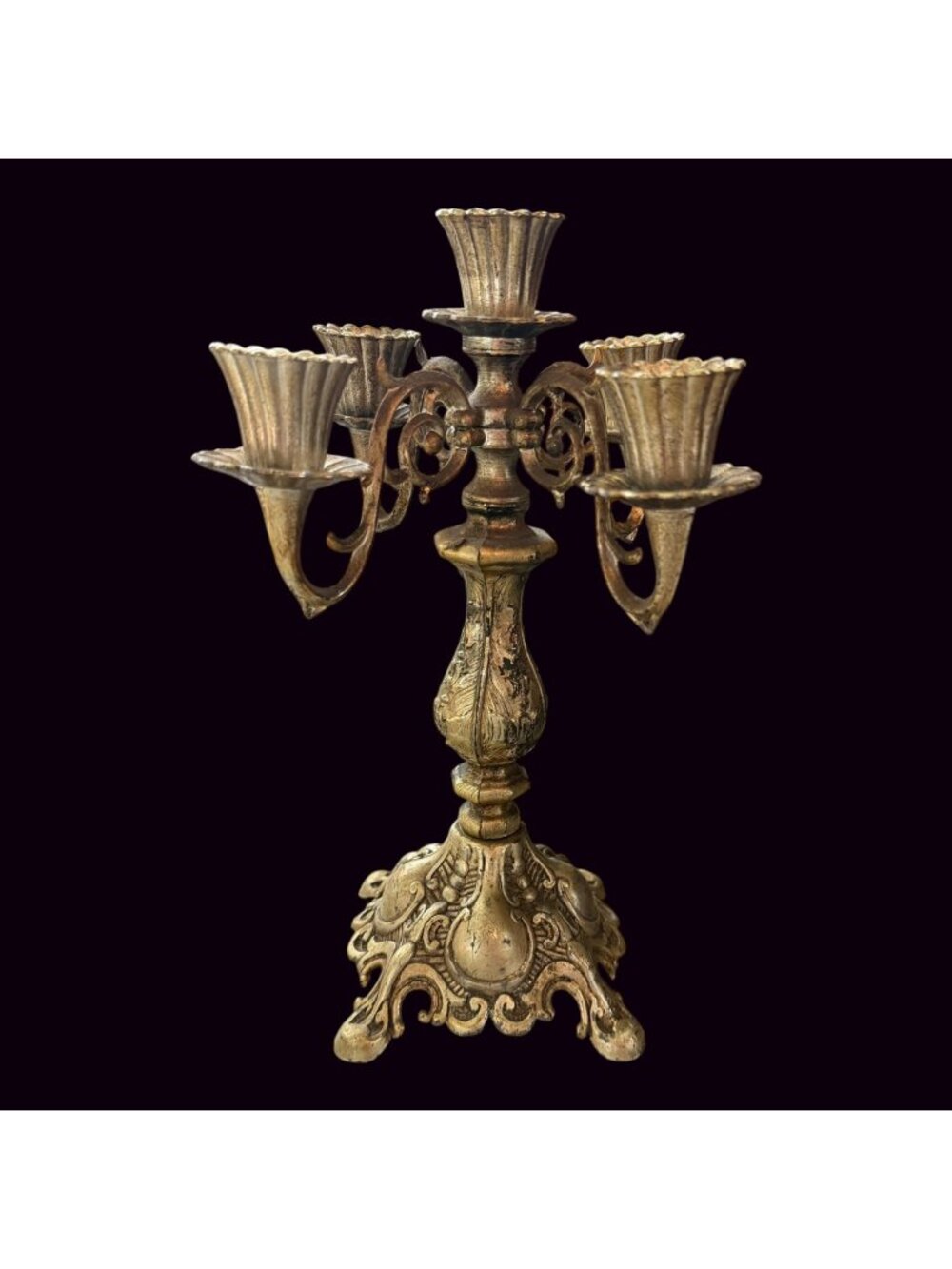 Antique Gold Tone 5 Arm Ornate Cast Iron Brass Hollywood Regency Candelabra